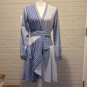 Maeve Blue and White Striped Long Sleeve Wrap Dress